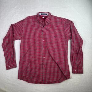Tommy Hilfiger Button Down Shirt Mens XL Red Plaid Classic‎ Fit Long Sleeve